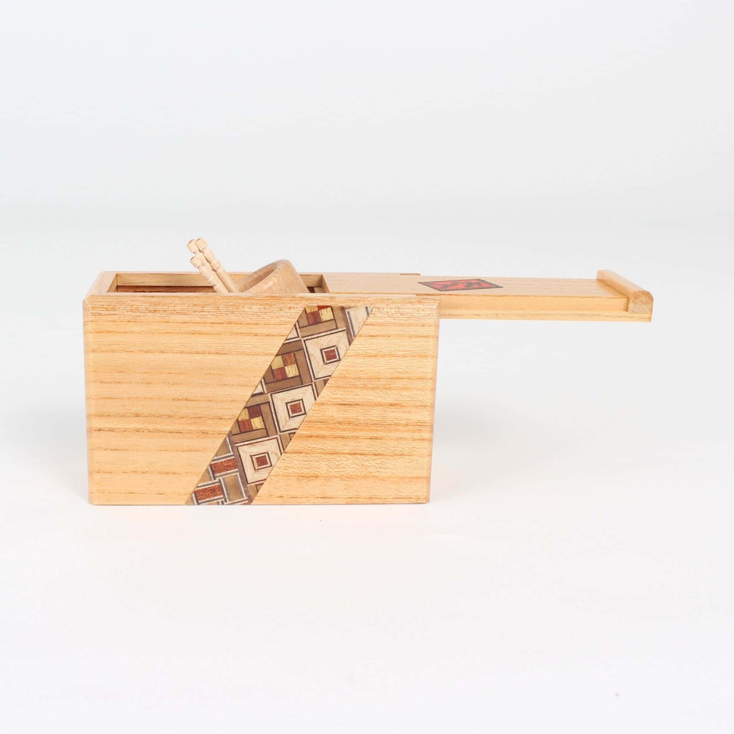 Hakone Yosegi Zaiku Karakuri Toothpick Holder – Japanese Wooden Rising Toothpick Case with Lid