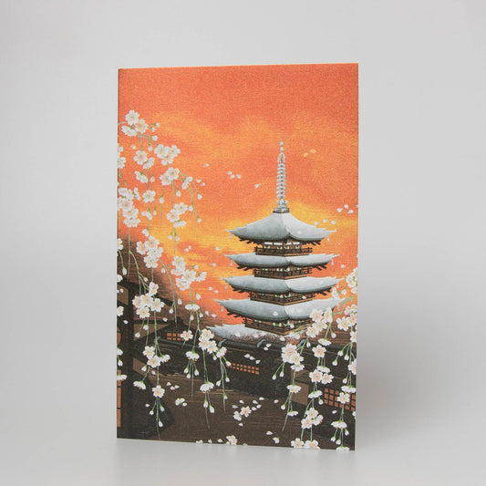 Fukui Asahido Greeting Card - Japanese Pagoda and Flowers